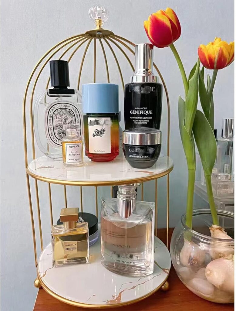 2 Tire Cosmetics Cage Organizer – Makeup Holder and Cake Stand with Bird Cage DesignTrays 1