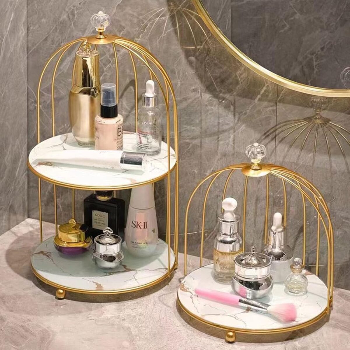 2 Tire Cosmetics Cage Organizer – Makeup Holder and Cake Stand with Bird Cage DesignTrays 4
