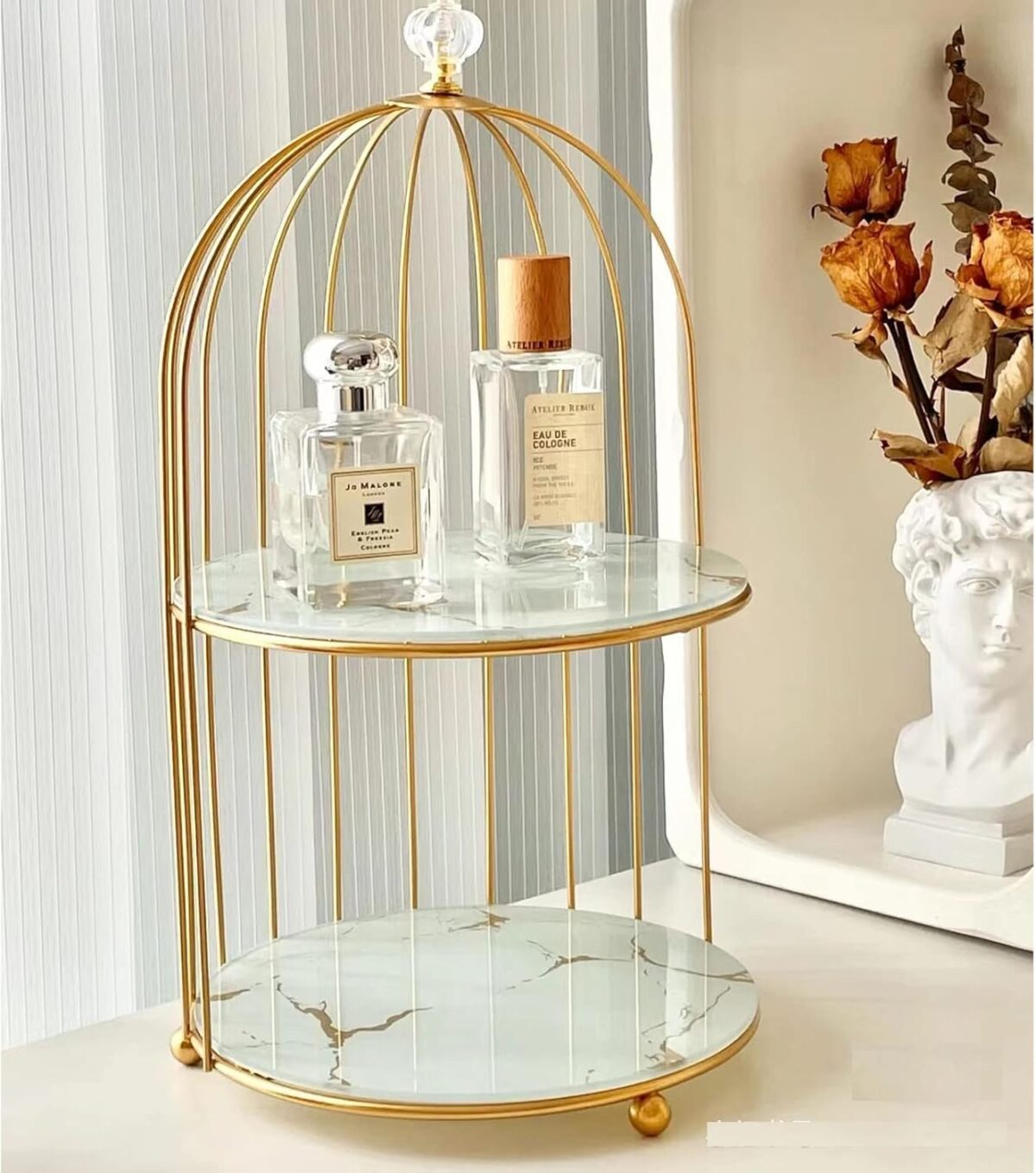 2 Tire Cosmetics Cage Organizer – Makeup Holder and Cake Stand with Bird Cage DesignTrays 5