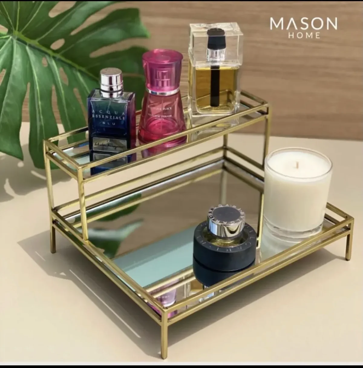 Double Layer Premium Organizer with Mirror Elegant Metal Storage Tray in Gold Color