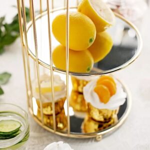 Gold 3-Tier Hanging Bird Cage Cupcake Stand - Metal Mirror Glass & Acrylic Tray for Party Display