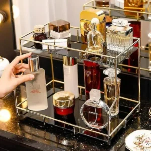 2-Tier Acrylic Makeup Organizer Tray—clear, stylish storage for cosmetics, skincare, and accessories. Durable design for a clutter-free vanity.