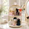 2-Tier Bird Cage Cosmetic Organizer with Gold Metal Frame and Acrylic Trays