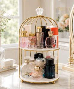 2-Tier Bird Cage Cosmetic Organizer with Gold Metal Frame and Acrylic Trays