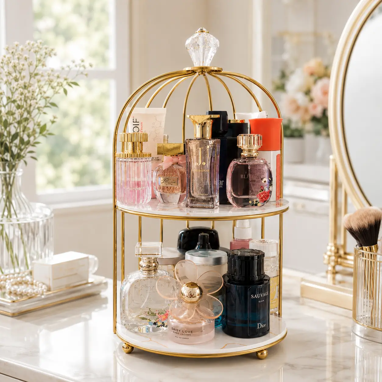 2-Tier Bird Cage Cosmetic Organizer with Gold Metal Frame and Acrylic Trays