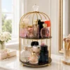 2-Tier Bird Cage Cosmetic Organizer with Gold Metal Frame and Acrylic Trays