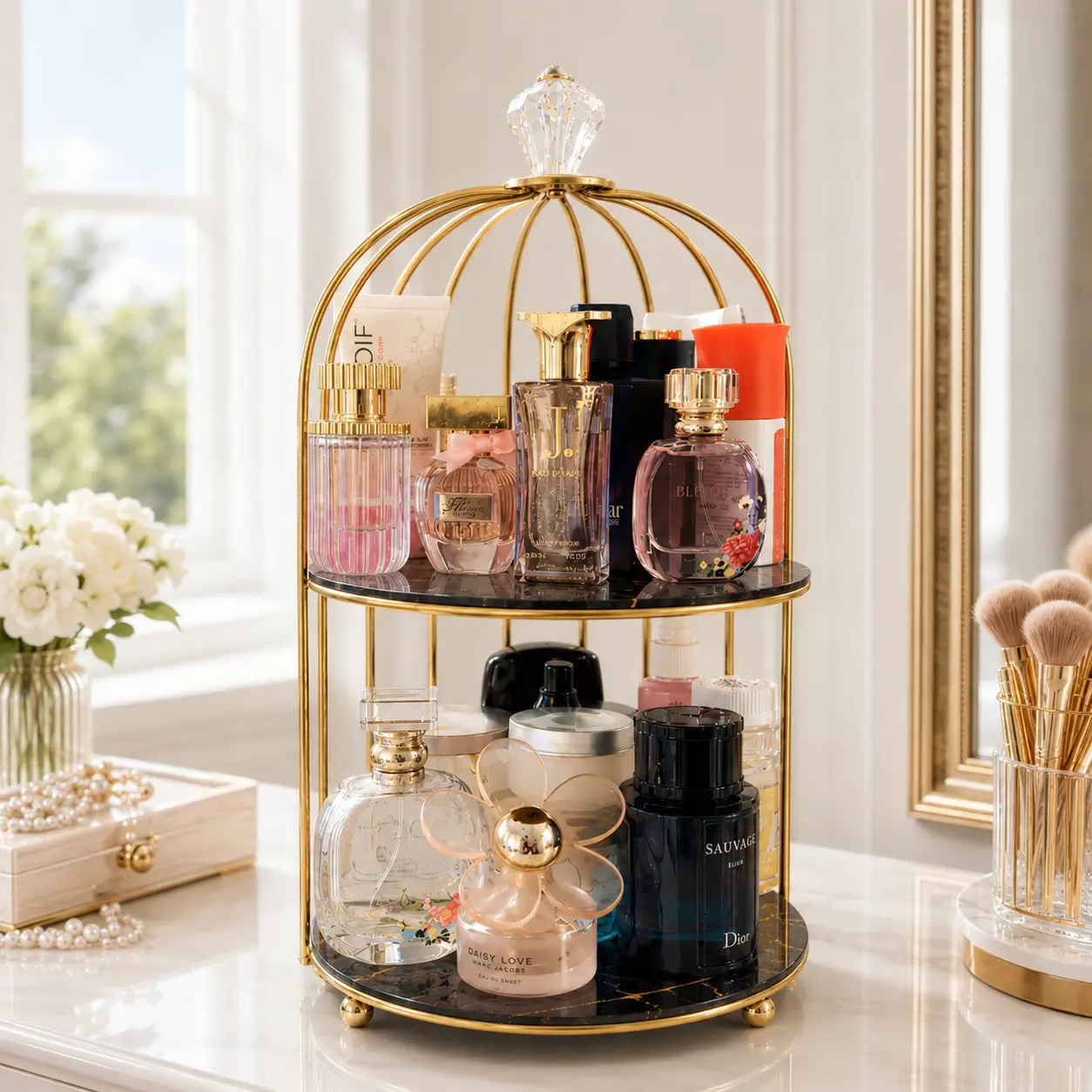 2-Tier Bird Cage Cosmetic Organizer with Gold Metal Frame and Acrylic Trays