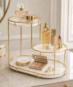 3-Tier Makeup and Cosmetic Organizer for Dressing Table with Golden Metal Frame
