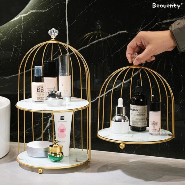 2 Tire Cosmetics Cage Organizer – Makeup Holder and Cake Stand with Bird Cage Design Trays - Image 3