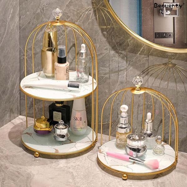 2 Tire Cosmetics Cage Organizer – Makeup Holder and Cake Stand with Bird Cage Design Trays - Image 4