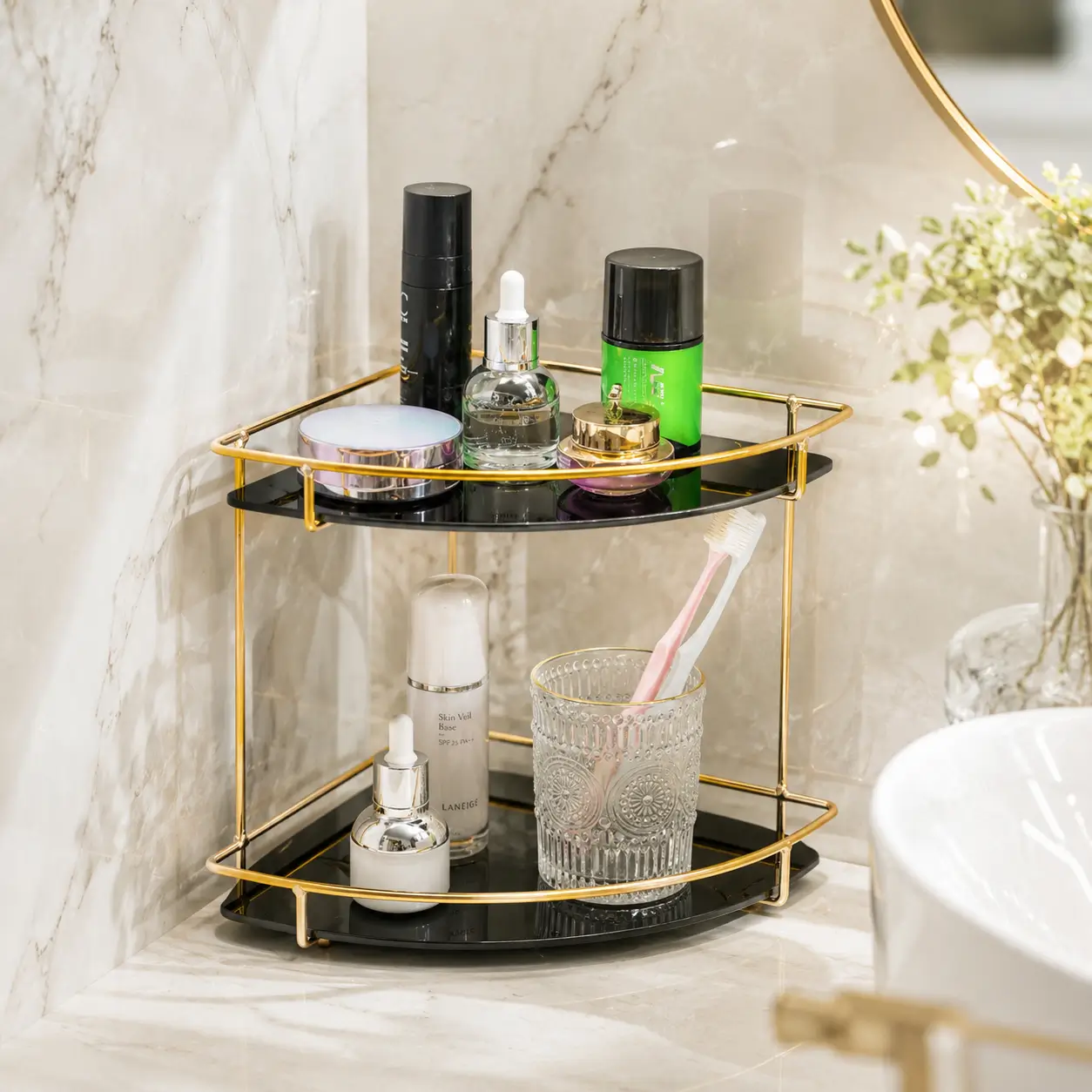 Bathroom acrylic corner countertop shelf for shampoo skincare soap and essentials