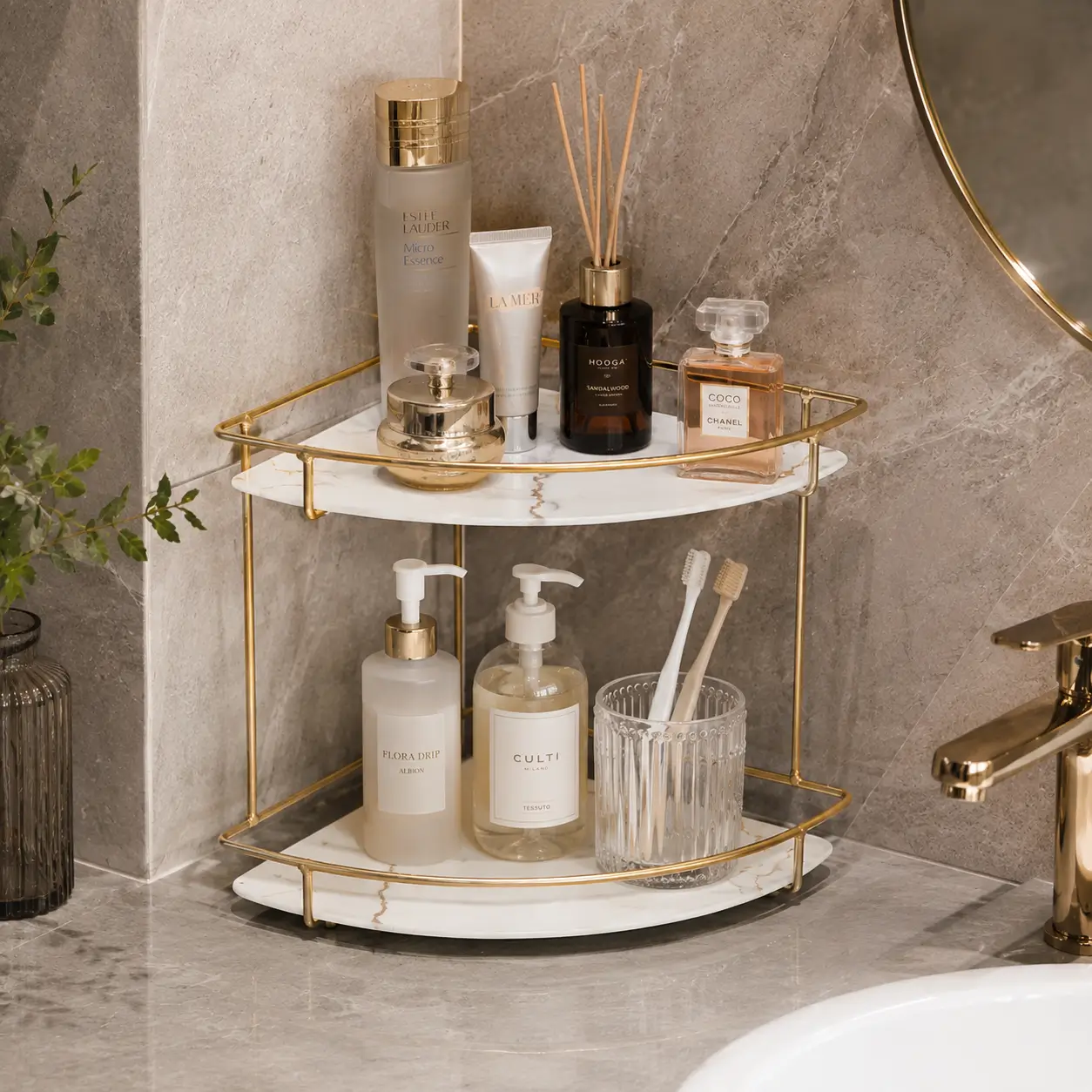 Bathroom acrylic corner countertop shelf for shampoo skincare soap and essentials