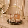 Bird Cage Makeup Storage Rack with Gold Metal Frame and Acrylic Tray