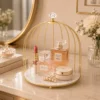 Bird Cage Makeup Storage Rack with Gold Metal Frame and Acrylic Tray
