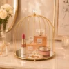 Bird Cage Makeup Storage Rack with Gold Metal Frame and Acrylic Tray