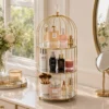 Metal Bird Cage Makeup and Cosmetic Rack with Gold Metal Frame and Acrylic Tray