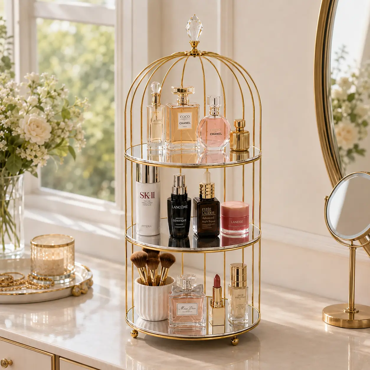 Metal Bird Cage Makeup and Cosmetic Rack with Gold Metal Frame and Acrylic Tray