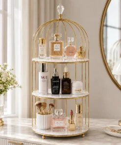 Metal Bird Cage Makeup and Cosmetic Rack with Gold Metal Frame and Acrylic Tray