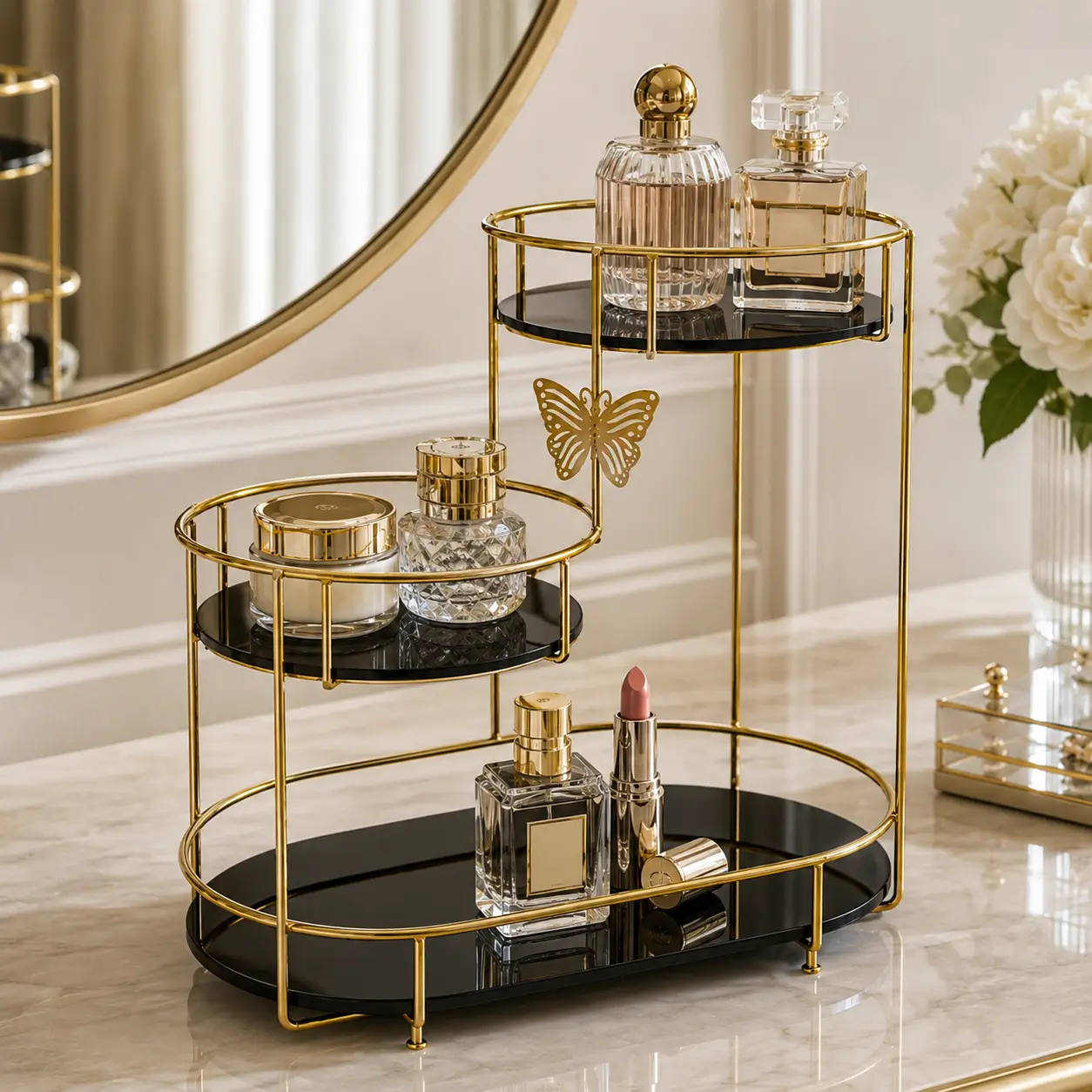 3-Tier Butterfly Makeup and Perfume Organizer with Golden Metal Frame and Acrylic Trays