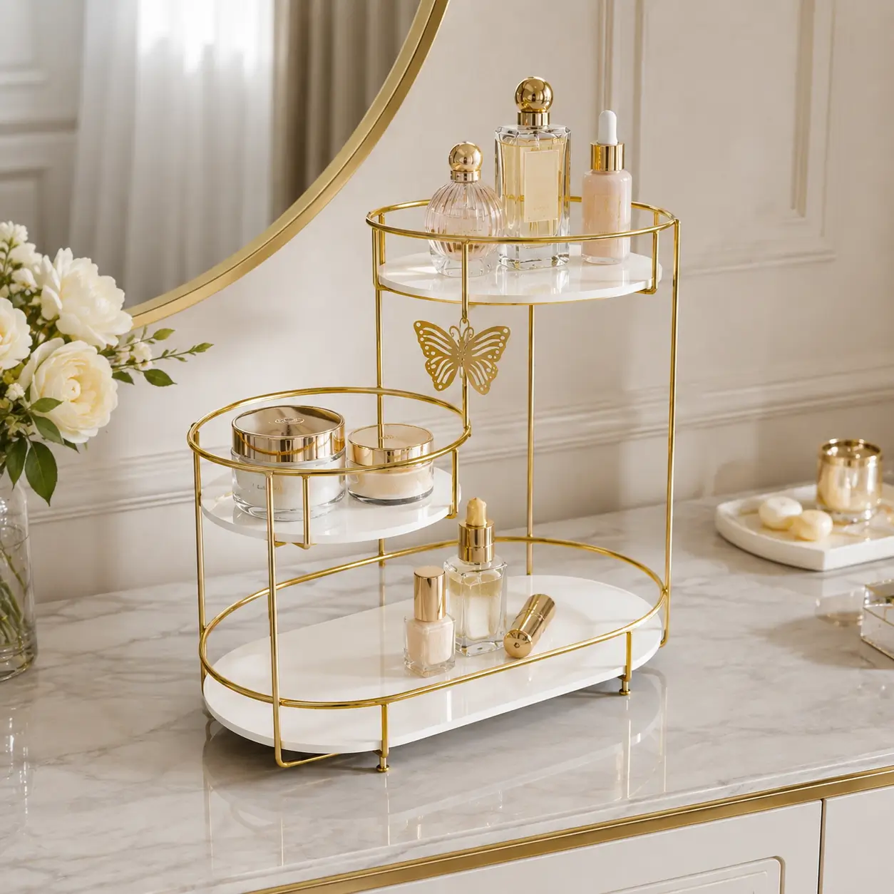 3-Tier Butterfly Makeup and Perfume Organizer with Golden Metal Frame and Acrylic Trays