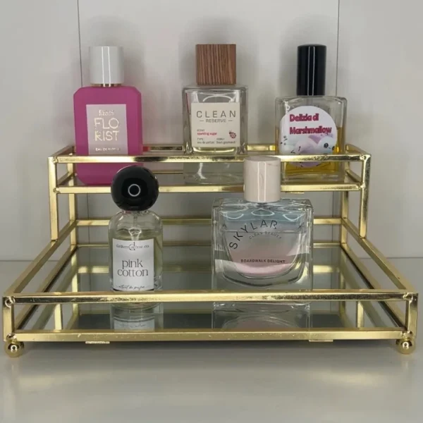 Double Layer Premium Organizer with Mirror - Elegant Metal Storage Tray in Gold Color - Image 4