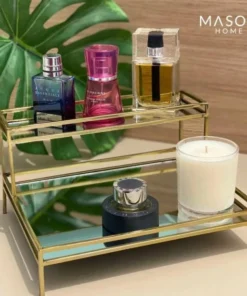 Double Layer Premium Organizer with Mirror – Elegant Metal Storage Tray in Gold Color (3)