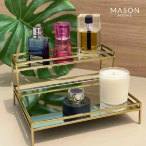 Double Layer Premium Organizer with Mirror – Elegant Metal Storage Tray in Gold Color (3)