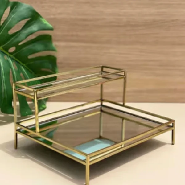 Double Layer Premium Organizer with Mirror - Elegant Metal Storage Tray in Gold Color - Image 7