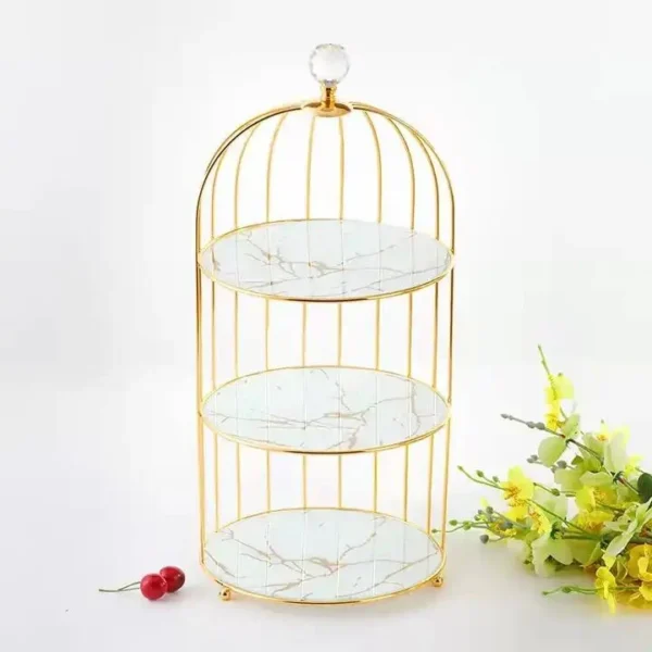 Gold 3-Tier Hanging Bird Cage Cupcake Stand – Metal Mirror Glass & Acrylic Tray for Party Display (1)