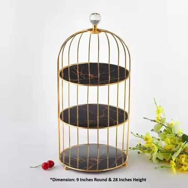 Gold 3-Tier Hanging Bird Cage Cupcake Stand – Metal Mirror Glass & Acrylic Tray for Party Display