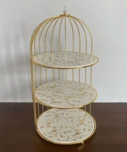 Gold 3-Tier Hanging Bird Cage Cupcake Stand – Metal Mirror Glass & Acrylic Tray for Party Display