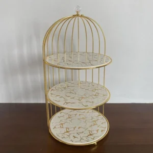 Gold 3-Tier Hanging Bird Cage Cupcake Stand – Metal Mirror Glass & Acrylic Tray for Party Display