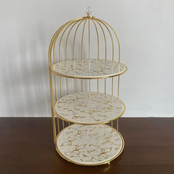 Gold 3-Tier Hanging Bird Cage Cupcake Stand – Metal Mirror Glass & Acrylic Tray for Party Display - Image 3