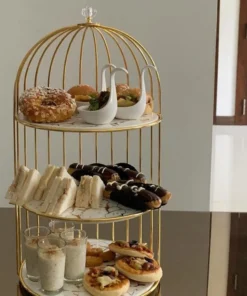 Alternative view of Gold 3-Tier Hanging Bird Cage Cupcake Stand – Metal Mirror Glass & Acrylic Tray for Party Display