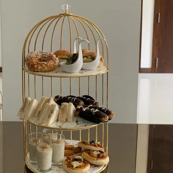 Gold 3-Tier Hanging Bird Cage Cupcake Stand – Metal Mirror Glass & Acrylic Tray for Party Display - Image 2