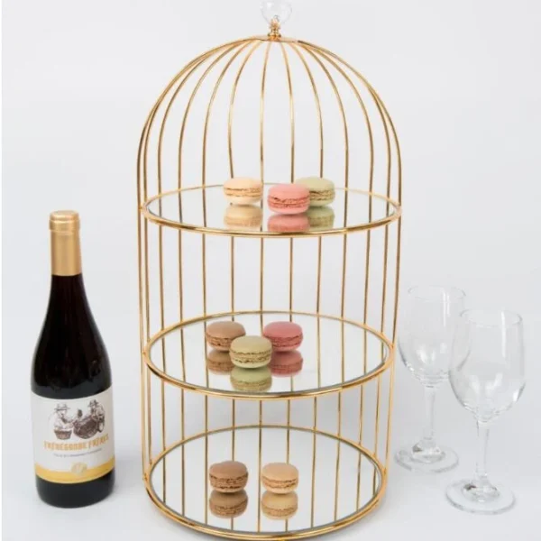 Gold 3-Tier Hanging Bird Cage Cupcake Stand – Metal Mirror Glass & Acrylic Tray for Party Display (9)