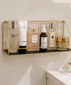 Golden metal wall mounted rack for bathroom storage and daily essentials