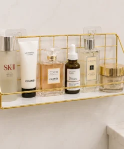 Golden metal wall mounted rack for bathroom storage and daily essentials
