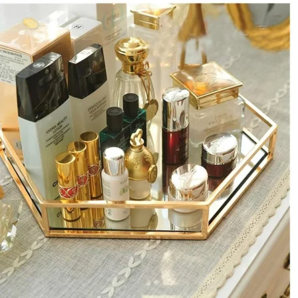 Hexagonal Cosmetics Mirror Base Vanity Tray – Stylish Organizer for Makeup, Jewelry & Perfume - Image 4