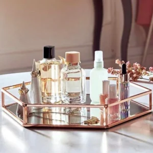 Hexagonal Cosmetics Mirror Base Vanity Tray – Stylish Organizer for Makeup, Jewelry & Perfume (4)