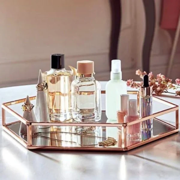 Hexagonal Cosmetics Mirror Base Vanity Tray – Stylish Organizer for Makeup, Jewelry & Perfume (4)