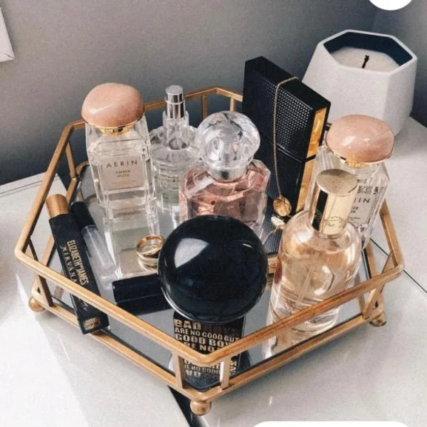 Hexagonal Cosmetics Mirror Base Vanity Tray – Stylish Organizer for Makeup, Jewelry & Perfume - Image 6