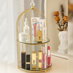 2 Tire Cosmetics Cage Organizer – Makeup Holder and Cake Stand with Bird Cage Design Trays