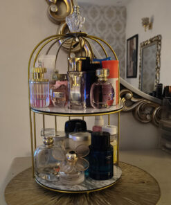 2 Tire Cosmetics Cage Organizer – Makeup Holder and Cake Stand with Bird Cage Design Trays