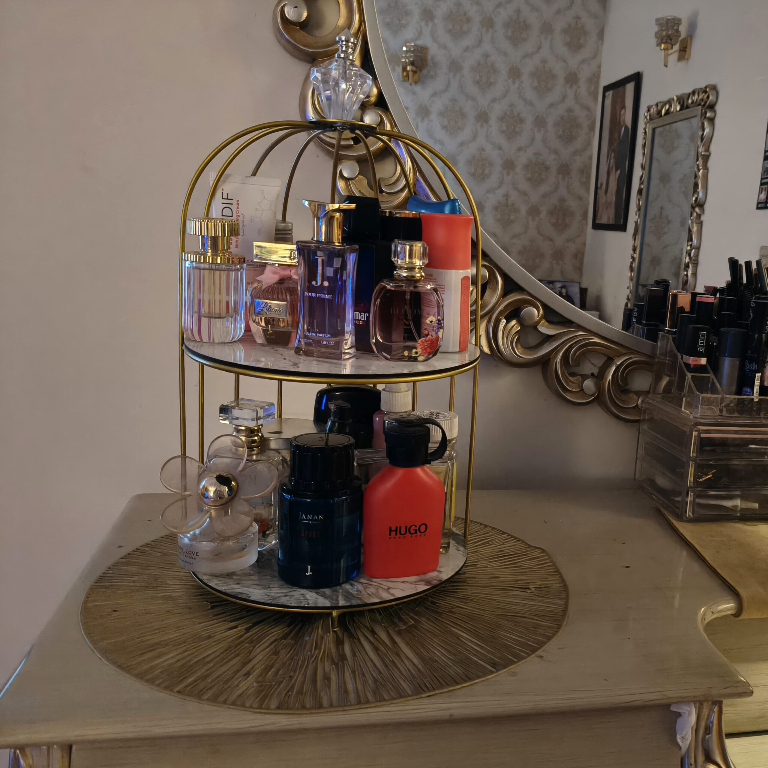 2 Tire Cosmetics Cage Organizer – Makeup Holder and Cake Stand with Bird Cage Design Trays - Image 2