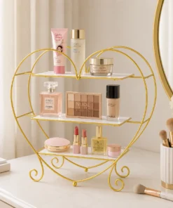 Aesthetic Makeup and Beauty Essentials Organizer with elegant golden metal frame and storage trays