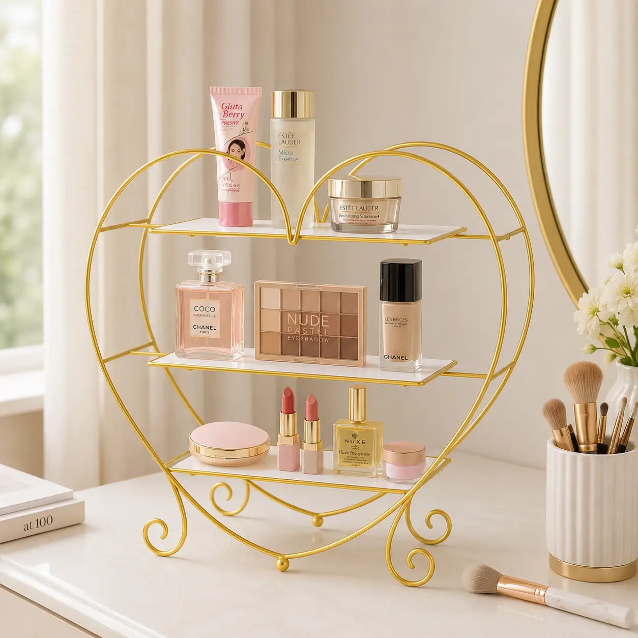 Aesthetic Makeup and Beauty Essentials Organizer with elegant golden metal frame and storage trays