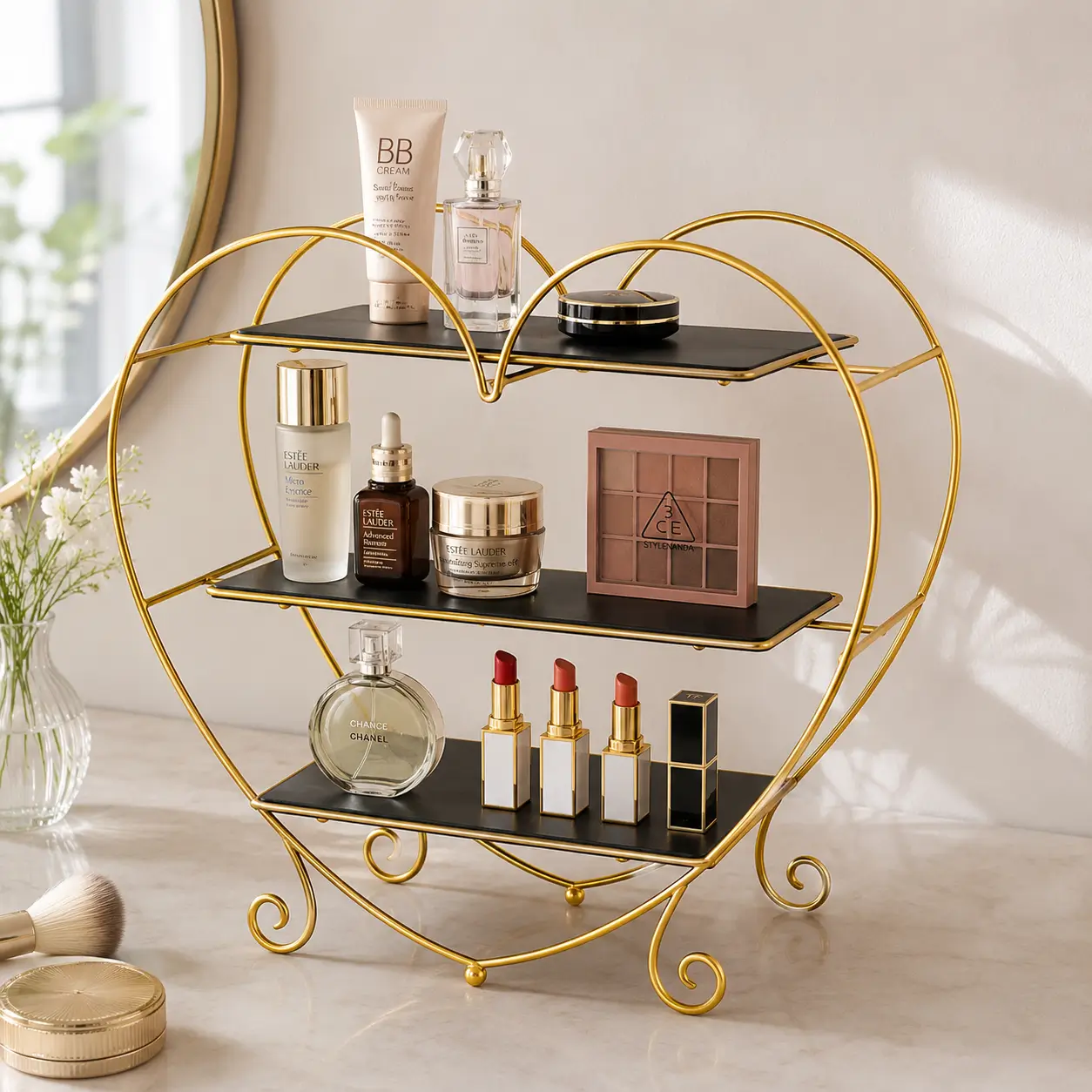 Aesthetic Makeup and Beauty Essentials Organizer with elegant golden metal frame and storage trays