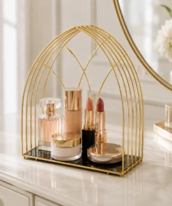 Makeup and beauty essentials storage rack with metal frame