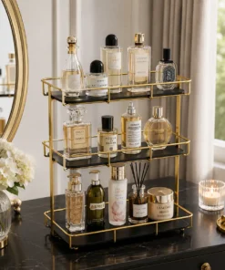 3-Tier Makeup and Cosmetics Storage Organizer with golden metal frame and acrylic trays